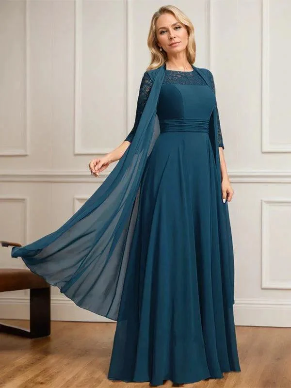 A-line Scoop Illusion Floor-Length Lace Chiffon Mother of the Bride Dress With Pleated - Image 2