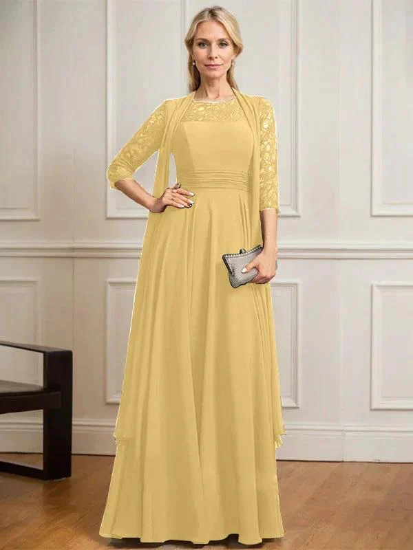 A-line Scoop Illusion Floor-Length Lace Chiffon Mother of the Bride Dress With Pleated - Image 20