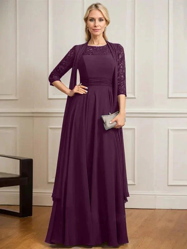 A-line Scoop Illusion Floor-Length Lace Chiffon Mother of the Bride Dress With Pleated - Image 21