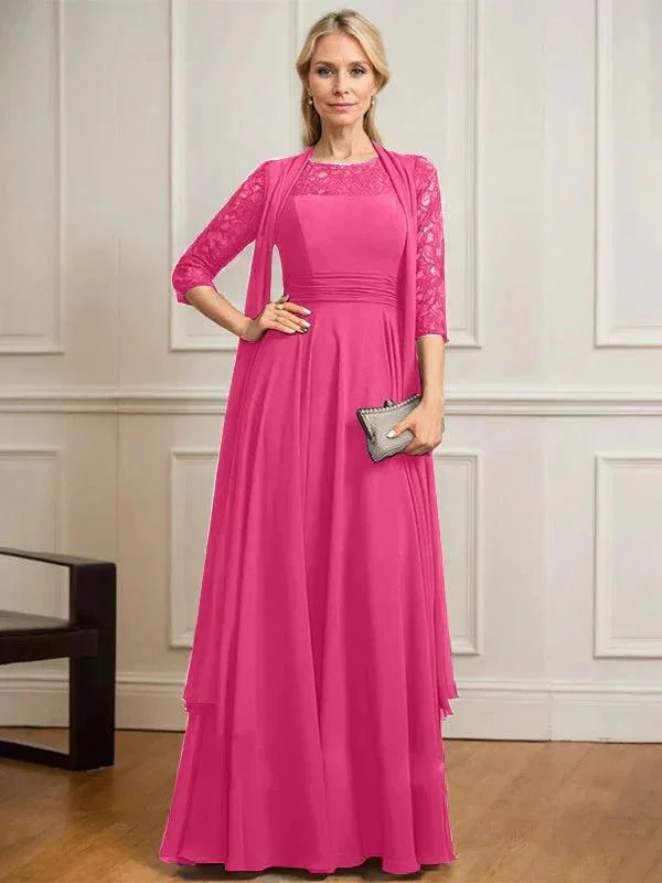 A-line Scoop Illusion Floor-Length Lace Chiffon Mother of the Bride Dress With Pleated - Image 22