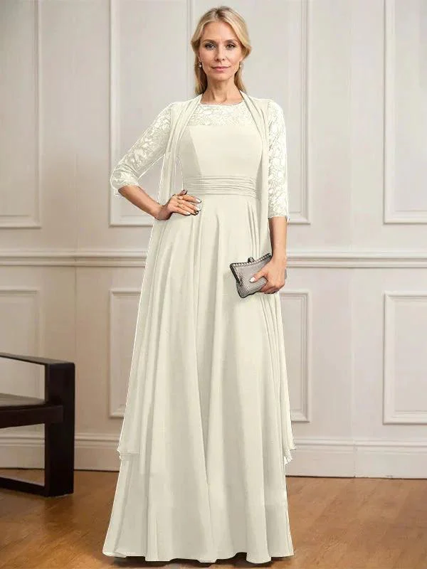 A-line Scoop Illusion Floor-Length Lace Chiffon Mother of the Bride Dress With Pleated - Image 23