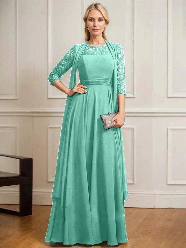 A-line Scoop Illusion Floor-Length Lace Chiffon Mother of the Bride Dress With Pleated - Image 24