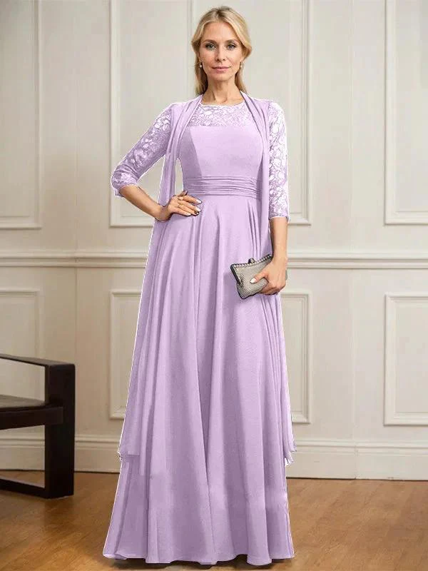 A-line Scoop Illusion Floor-Length Lace Chiffon Mother of the Bride Dress With Pleated - Image 25