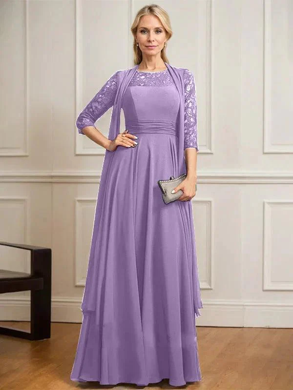 A-line Scoop Illusion Floor-Length Lace Chiffon Mother of the Bride Dress With Pleated - Image 26