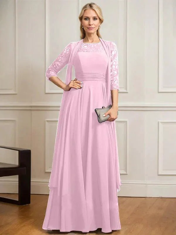 A-line Scoop Illusion Floor-Length Lace Chiffon Mother of the Bride Dress With Pleated - Image 27