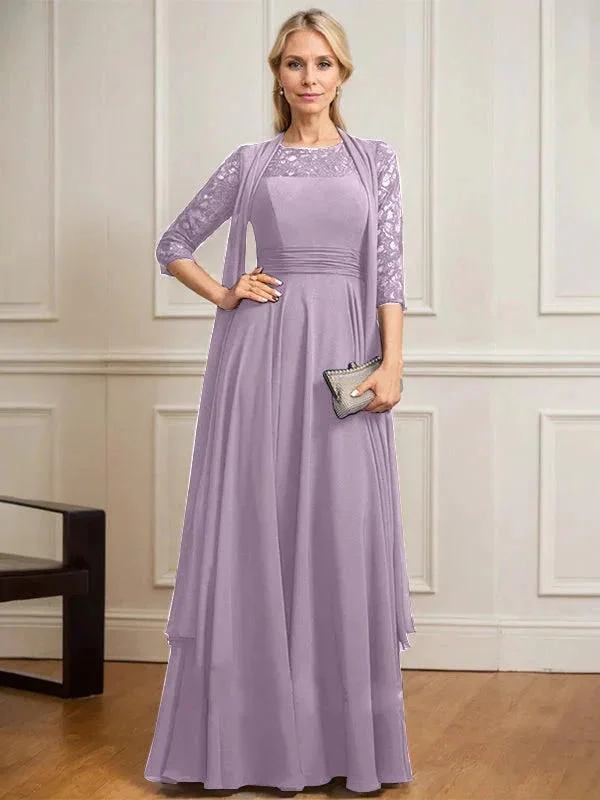 A-line Scoop Illusion Floor-Length Lace Chiffon Mother of the Bride Dress With Pleated - Image 28