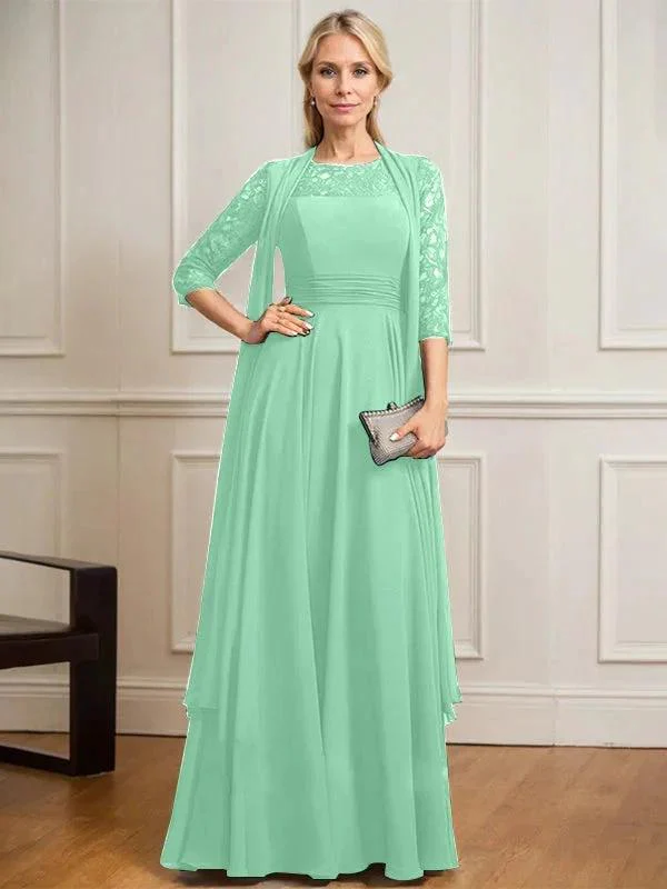 A-line Scoop Illusion Floor-Length Lace Chiffon Mother of the Bride Dress With Pleated - Image 29