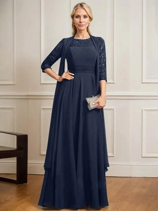 A-line Scoop Illusion Floor-Length Lace Chiffon Mother of the Bride Dress With Pleated - Image 30