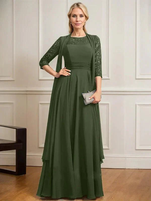 A-line Scoop Illusion Floor-Length Lace Chiffon Mother of the Bride Dress With Pleated - Image 31