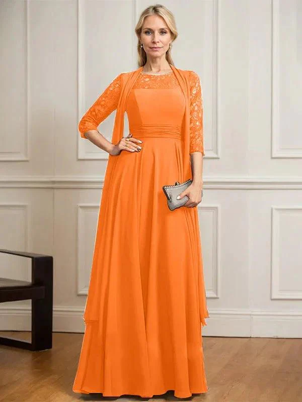 A-line Scoop Illusion Floor-Length Lace Chiffon Mother of the Bride Dress With Pleated - Image 32