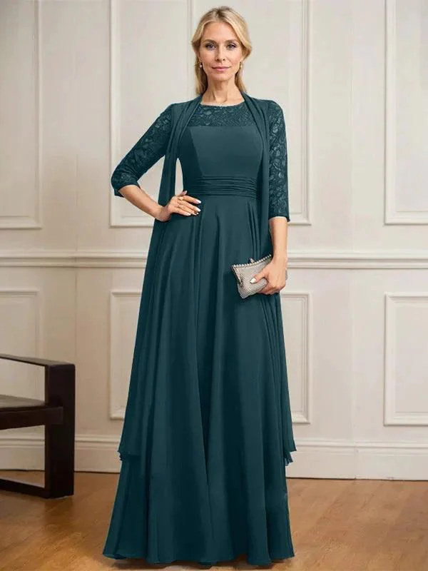 A-line Scoop Illusion Floor-Length Lace Chiffon Mother of the Bride Dress With Pleated - Image 33
