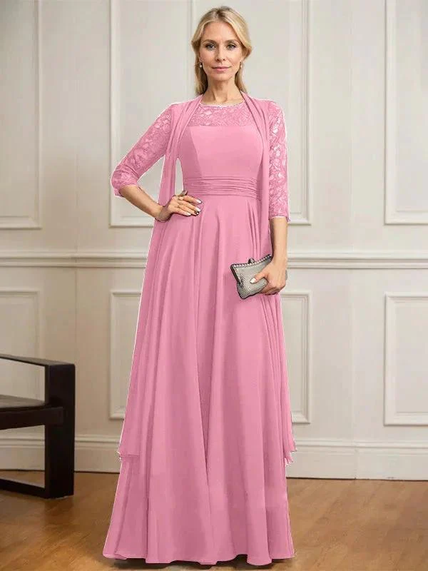 A-line Scoop Illusion Floor-Length Lace Chiffon Mother of the Bride Dress With Pleated - Image 34