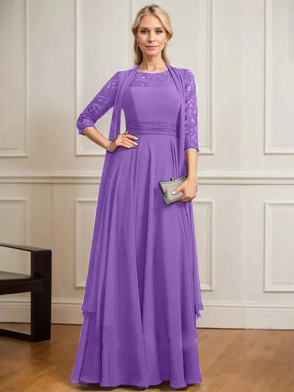 A-line Scoop Illusion Floor-Length Lace Chiffon Mother of the Bride Dress With Pleated - Image 35