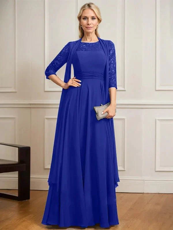 A-line Scoop Illusion Floor-Length Lace Chiffon Mother of the Bride Dress With Pleated - Image 37