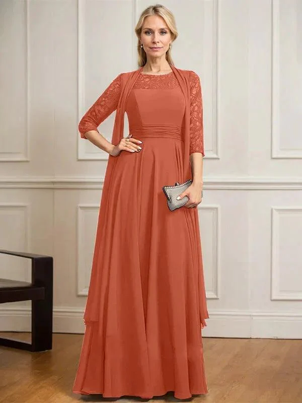 A-line Scoop Illusion Floor-Length Lace Chiffon Mother of the Bride Dress With Pleated - Image 38