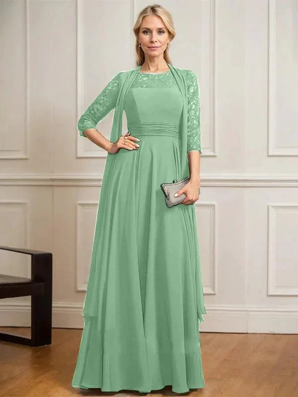 A-line Scoop Illusion Floor-Length Lace Chiffon Mother of the Bride Dress With Pleated - Image 39