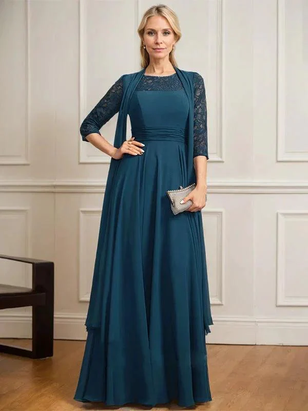 A-line Scoop Illusion Floor-Length Lace Chiffon Mother of the Bride Dress With Pleated - Image 4