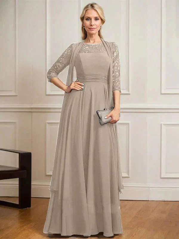 A-line Scoop Illusion Floor-Length Lace Chiffon Mother of the Bride Dress With Pleated - Image 40