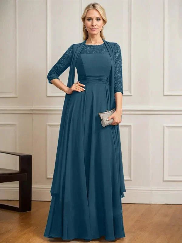 A-line Scoop Illusion Floor-Length Lace Chiffon Mother of the Bride Dress With Pleated - Image 41