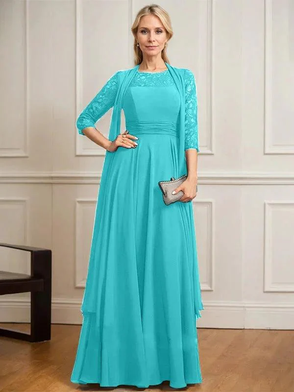 A-line Scoop Illusion Floor-Length Lace Chiffon Mother of the Bride Dress With Pleated - Image 42