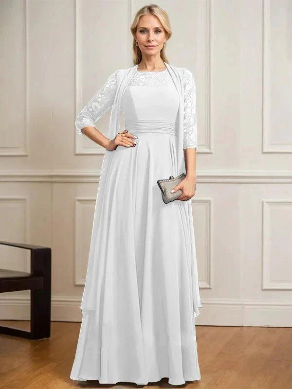 A-line Scoop Illusion Floor-Length Lace Chiffon Mother of the Bride Dress With Pleated - Image 43