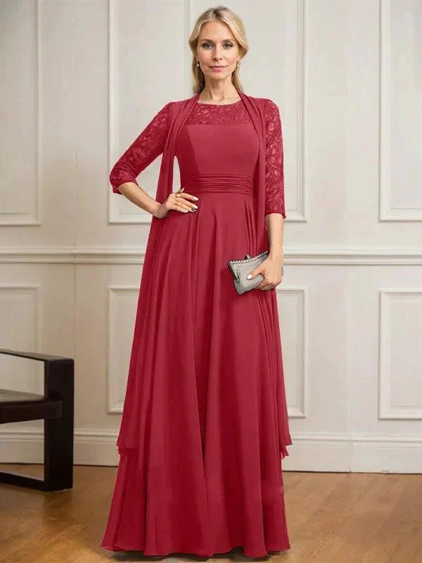 A-line Scoop Illusion Floor-Length Lace Chiffon Mother of the Bride Dress With Pleated - Image 44