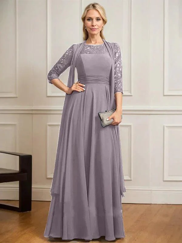 A-line Scoop Illusion Floor-Length Lace Chiffon Mother of the Bride Dress With Pleated - Image 45