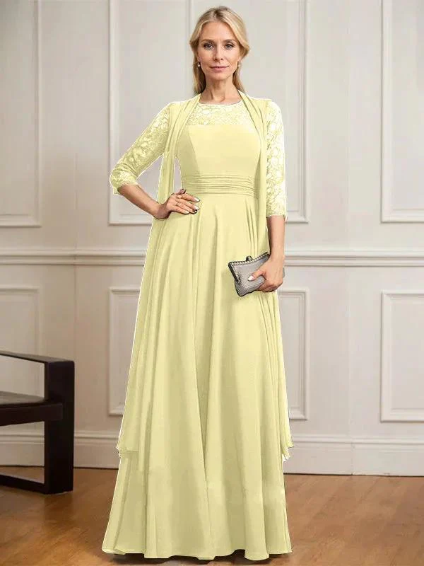 A-line Scoop Illusion Floor-Length Lace Chiffon Mother of the Bride Dress With Pleated - Image 46