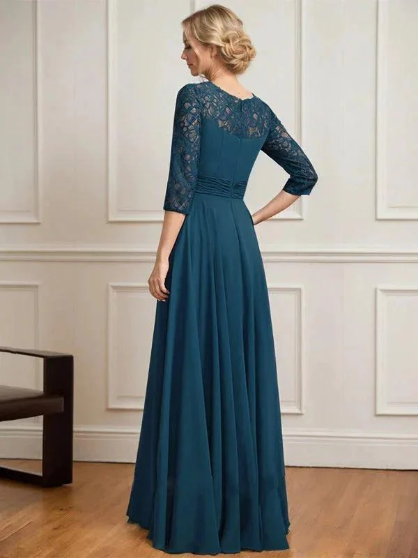 A-line Scoop Illusion Floor-Length Lace Chiffon Mother of the Bride Dress With Pleated - Image 8