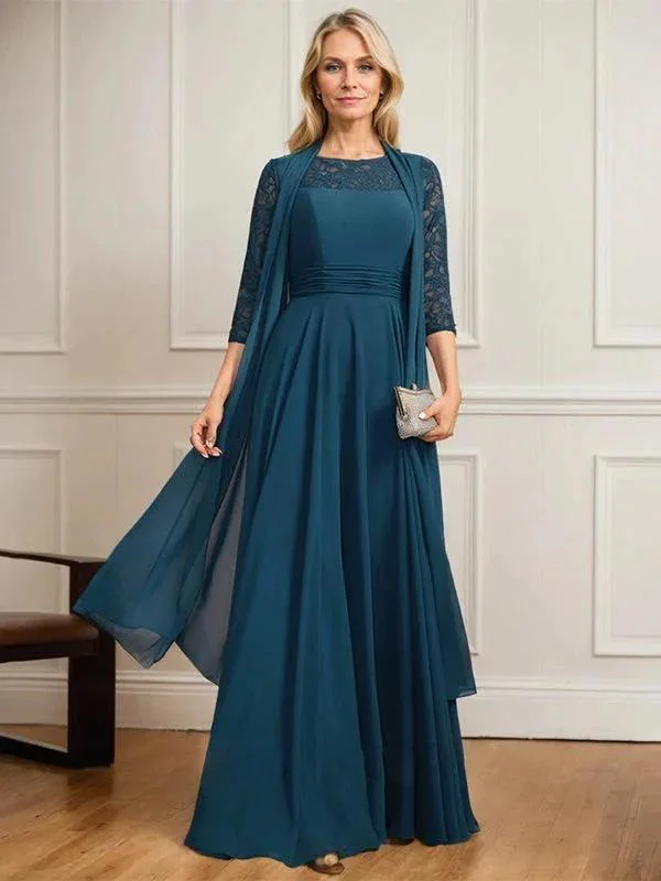 A-line Scoop Illusion Floor-Length Lace Chiffon Mother of the Bride Dress With Pleated - Image 9