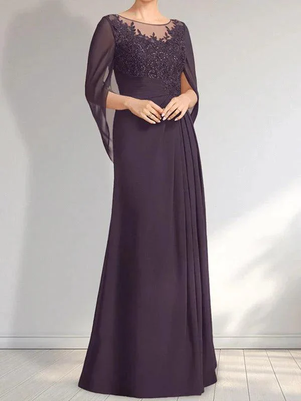 A-line Scoop Illusion Floor-Length Lace Chiffon Mother of the Bride Dress With Pleated Sequins - Image 20