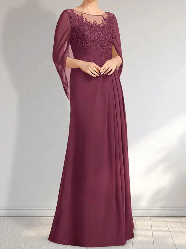 A-line Scoop Illusion Floor-Length Lace Chiffon Mother of the Bride Dress With Pleated Sequins - Image 22