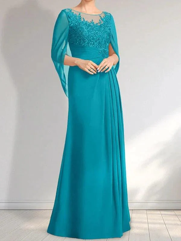 A-line Scoop Illusion Floor-Length Lace Chiffon Mother of the Bride Dress With Pleated Sequins - Image 26