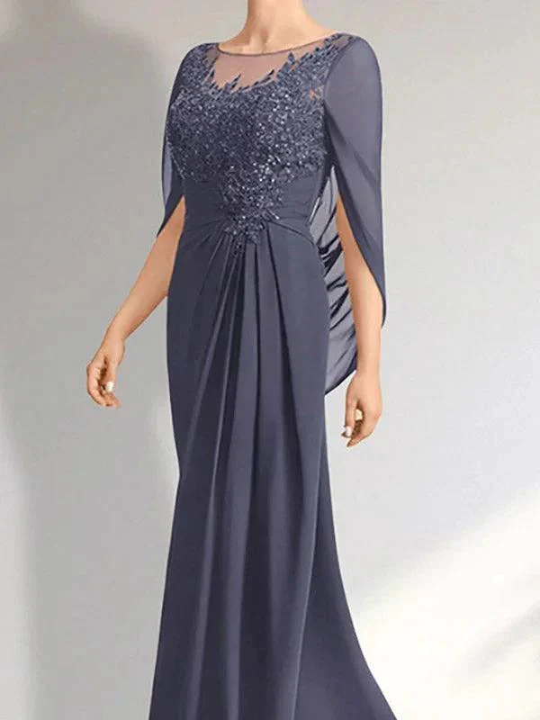 A-line Scoop Illusion Floor-Length Lace Chiffon Mother of the Bride Dress With Pleated Sequins - Image 3