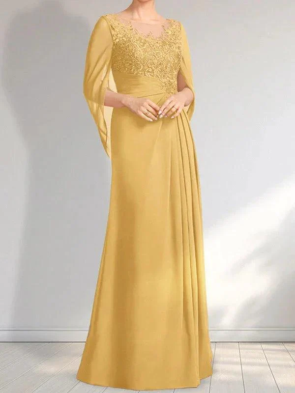 A-line Scoop Illusion Floor-Length Lace Chiffon Mother of the Bride Dress With Pleated Sequins - Image 30