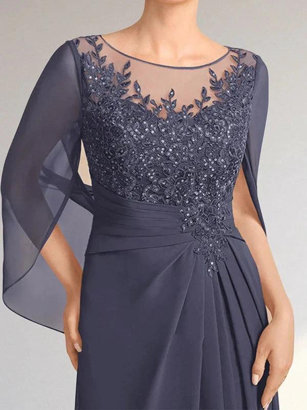 A-line Scoop Illusion Floor-Length Lace Chiffon Mother of the Bride Dress With Pleated Sequins - Image 4