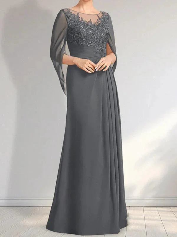 A-line Scoop Illusion Floor-Length Lace Chiffon Mother of the Bride Dress With Pleated Sequins - Image 7