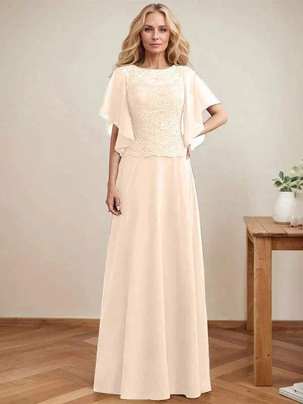 A-line Scoop Illusion Floor-Length Lace Chiffon Mother of the Bride Dress With Sequins - Image 11