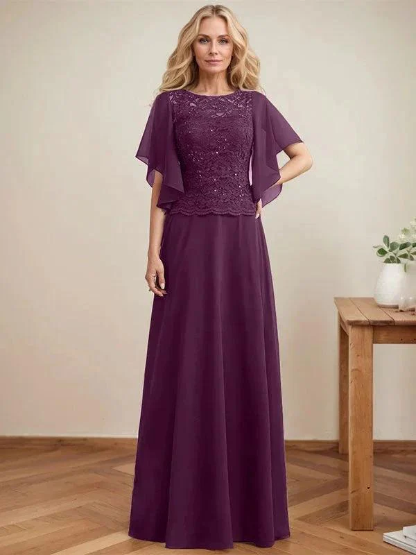 A-line Scoop Illusion Floor-Length Lace Chiffon Mother of the Bride Dress With Sequins - Image 19