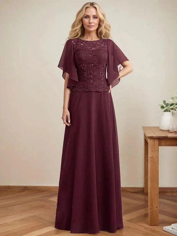 A-line Scoop Illusion Floor-Length Lace Chiffon Mother of the Bride Dress With Sequins - Image 2