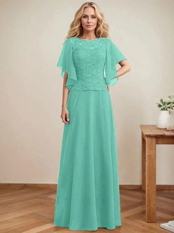 A-line Scoop Illusion Floor-Length Lace Chiffon Mother of the Bride Dress With Sequins - Image 22