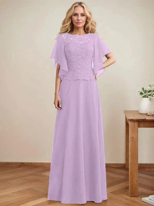 A-line Scoop Illusion Floor-Length Lace Chiffon Mother of the Bride Dress With Sequins - Image 23