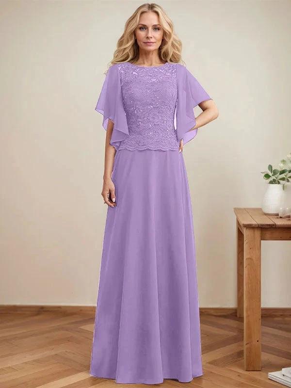 A-line Scoop Illusion Floor-Length Lace Chiffon Mother of the Bride Dress With Sequins - Image 24