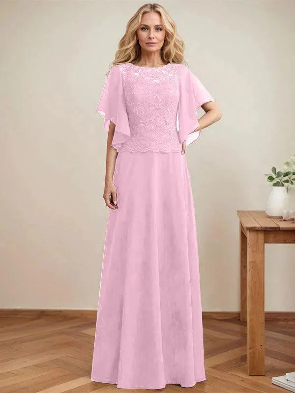A-line Scoop Illusion Floor-Length Lace Chiffon Mother of the Bride Dress With Sequins - Image 25