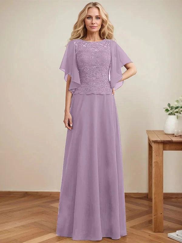 A-line Scoop Illusion Floor-Length Lace Chiffon Mother of the Bride Dress With Sequins - Image 26