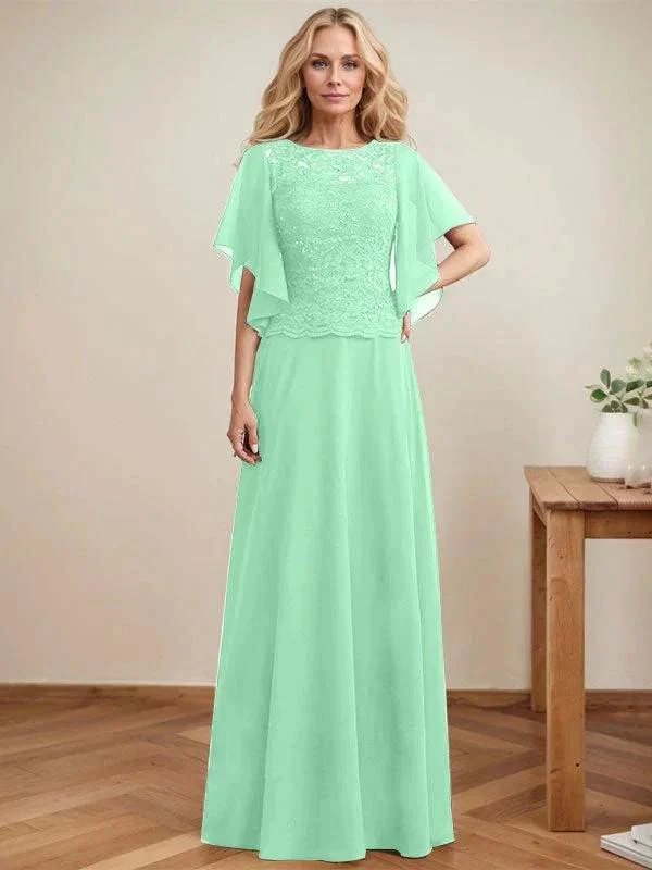 A-line Scoop Illusion Floor-Length Lace Chiffon Mother of the Bride Dress With Sequins - Image 27
