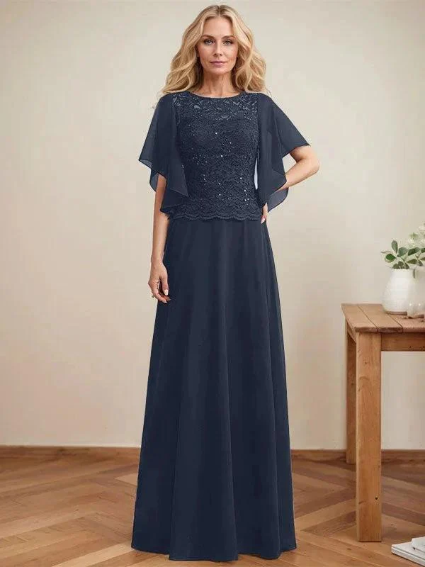 A-line Scoop Illusion Floor-Length Lace Chiffon Mother of the Bride Dress With Sequins - Image 28