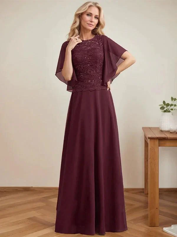 A-line Scoop Illusion Floor-Length Lace Chiffon Mother of the Bride Dress With Sequins - Image 3
