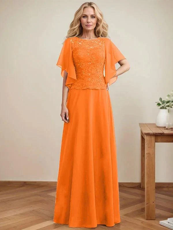 A-line Scoop Illusion Floor-Length Lace Chiffon Mother of the Bride Dress With Sequins - Image 30