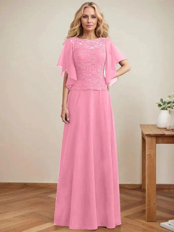 A-line Scoop Illusion Floor-Length Lace Chiffon Mother of the Bride Dress With Sequins - Image 32